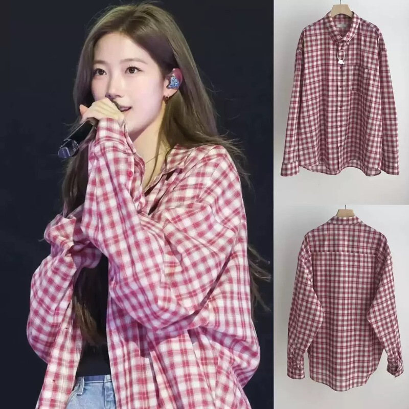 In Stock Korean Designer Nakamura Kazuha Color-Blocked Plaid Loose Long-Sleeve Shirt Blouse Women's Shirt