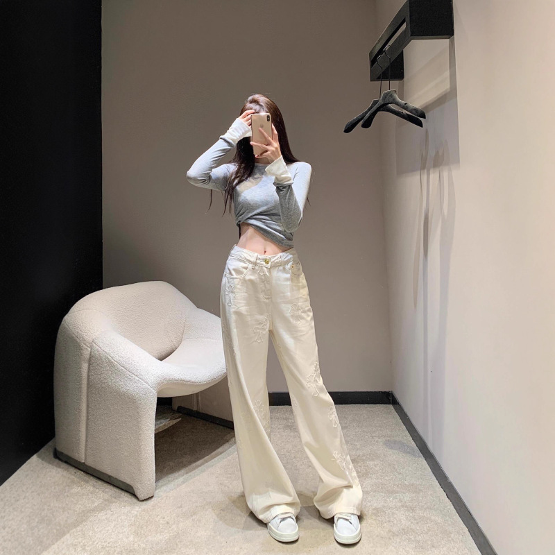 高品质~25新款口袋直筒常规款牛仔裤高腰显瘦女宽松阔腿拖地长裤|undefined