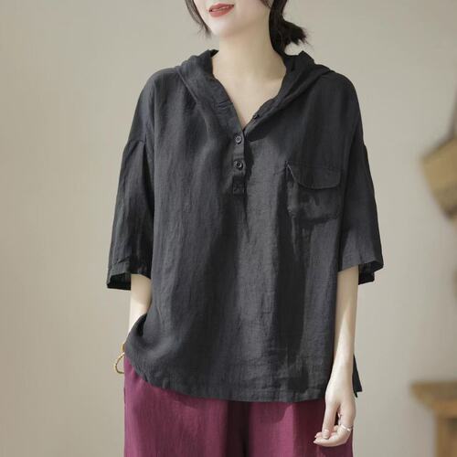 Spring and summer new Chinese hooded top 2025 new T-shirt pure color casual style comfortable loose quarter sleeve women