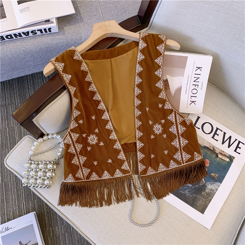 Bohemian Ethnic Style Western Cowboy Brown Suede Embroidered Vest Short Versatile Outer Cardigan Jacket