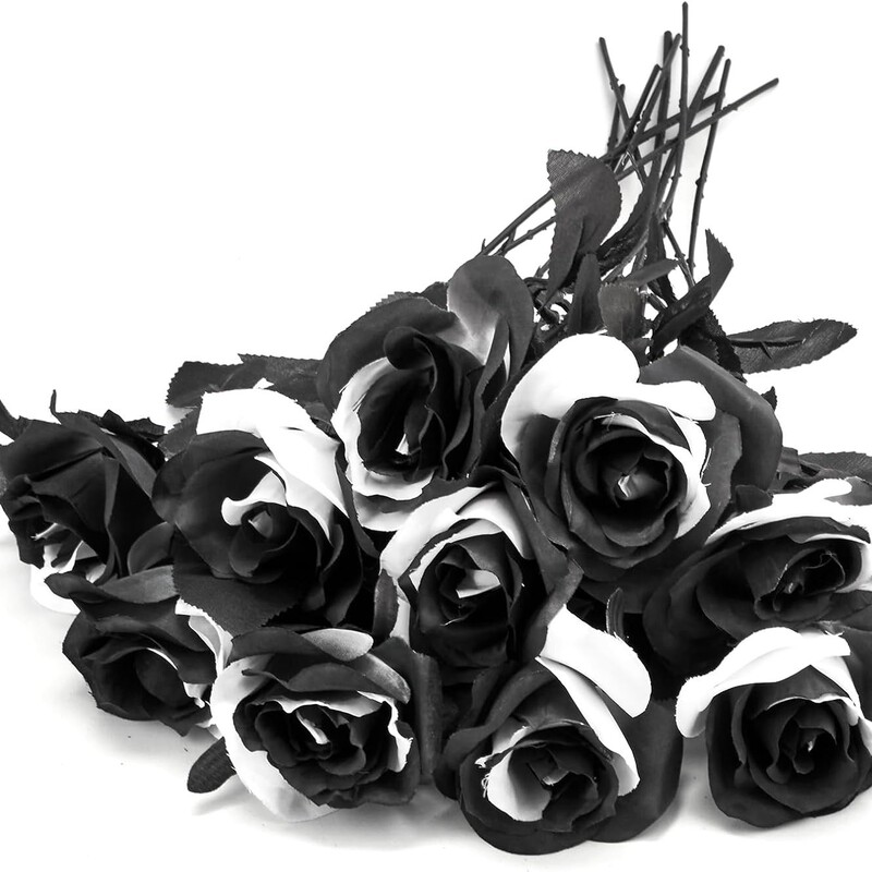 Single Black and White Rose Artificial Flower Silk Flower for Halloween Party Decoration, Wedding Photography Prop, Artificial Flower Single Black and White Rose Artificial Flower Silk Flower for Halloween Party Decoration, Wedding Photography Prop, Artificial Flower