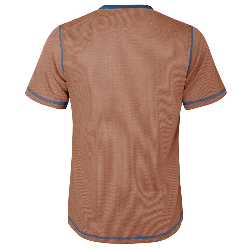 Herren 2023 Sommer Kurzarm Henley Shirt Schönes lässiges Retro T-Shirt Waffel Farbblock Rundhalsshirt_voghion.com