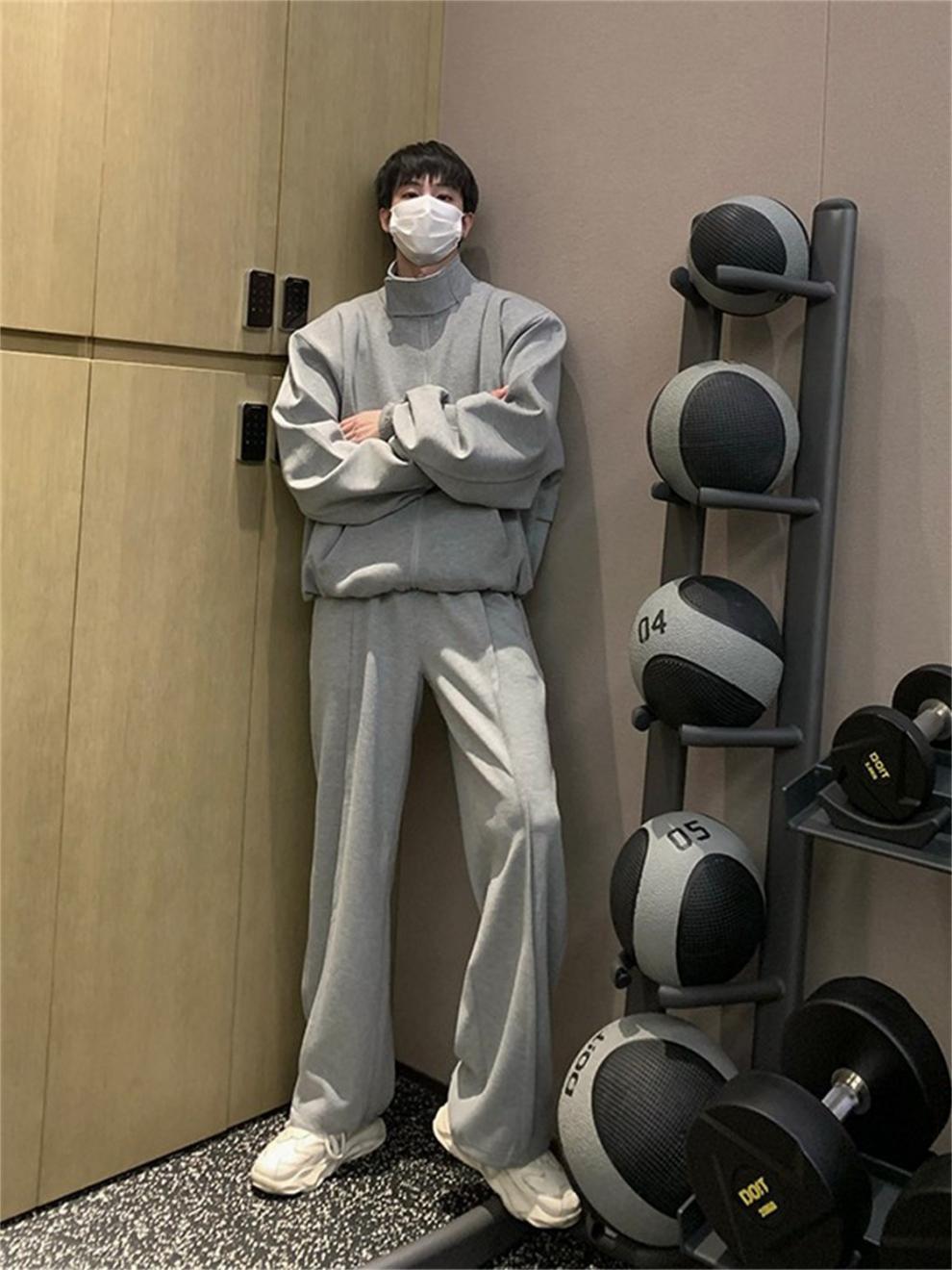 Casual herr sportset i koreansk stil med axelvaddering_voghion.com