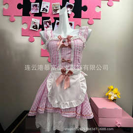 暴富少女原创新爆款甜美可爱粉格二次元女仆连衣裙洛丽塔纯欲019