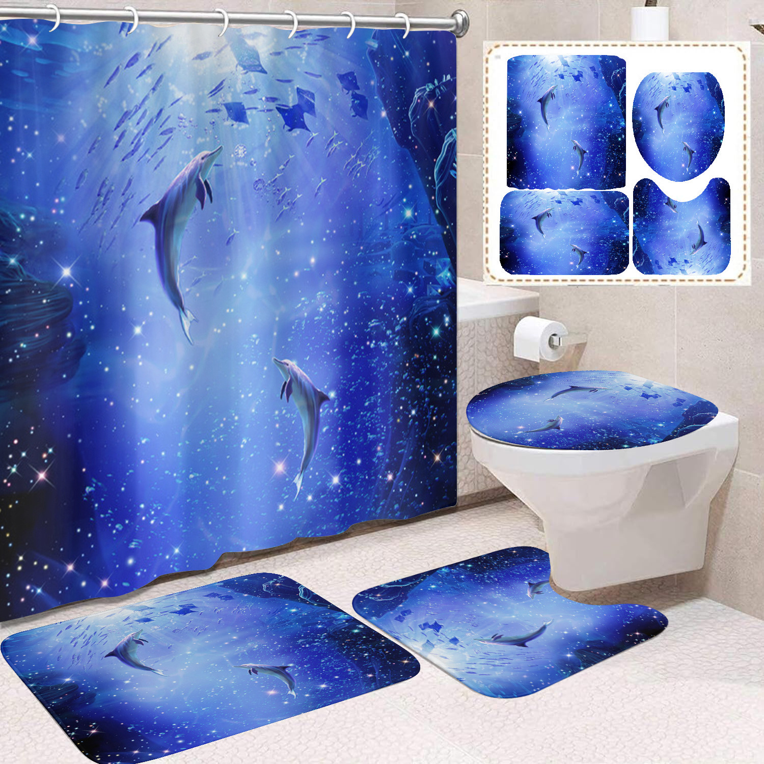 Cortina de ducha transfronteriza con diseño de delfines azules, estampada digitalmente, de poliéster, sin perforaciones, para baño, decoración del hogar image 11