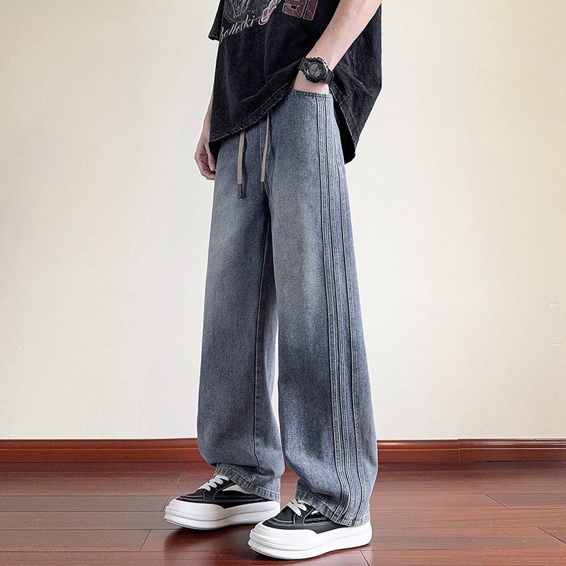 Spring New Men's Loose Straight-Leg Casual Jeans with Stripes, Fleece-Lined, High Street Style, Mud Yellow, Cross-Border Long Pants