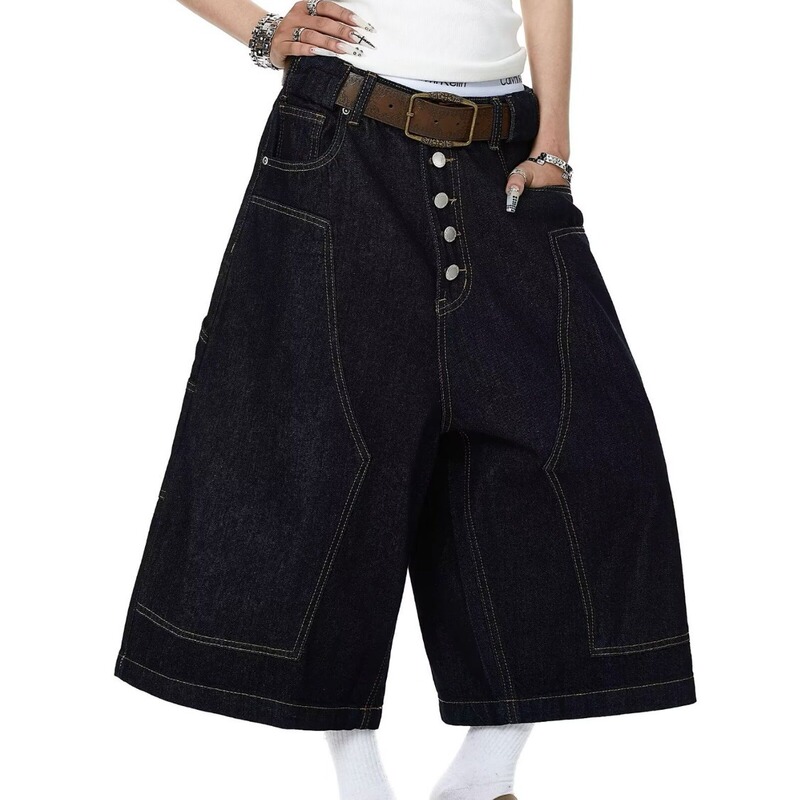 American-Style Workwear Button-Up Cropped Pants for Women, Summer Loose-Fitting Bf Lazy Style Black Pants, Trendy Brand Lumberjack Jeans