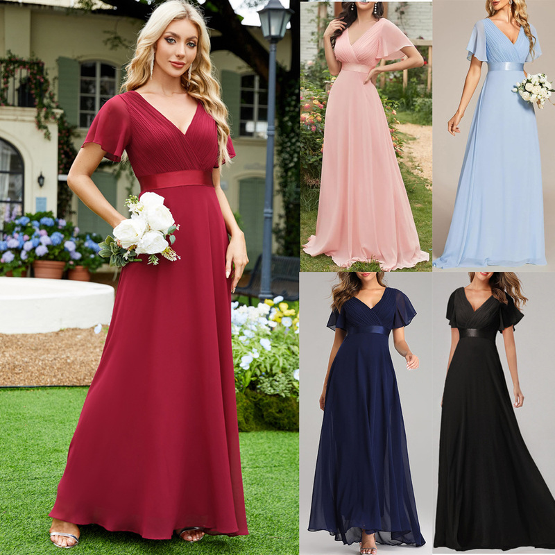 in stock European and American Amazon Handmade Fold Large Double V-Neck Horn Sleeve Chiffon Banquet Bridesmaid plus size Evening Dress Women