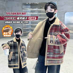 Boys' Winter and Autumn Plaid Woolen Coat 2025, Older Children's Woolen Coat, Boys' Woolen Coat, Outerwear with Woven Lining, Children's Clothing