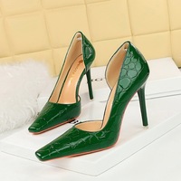 3287-3 European and American style retro patent leather stone pattern shallow cut side hollow square toe high heels single shoe high heels women's shoes