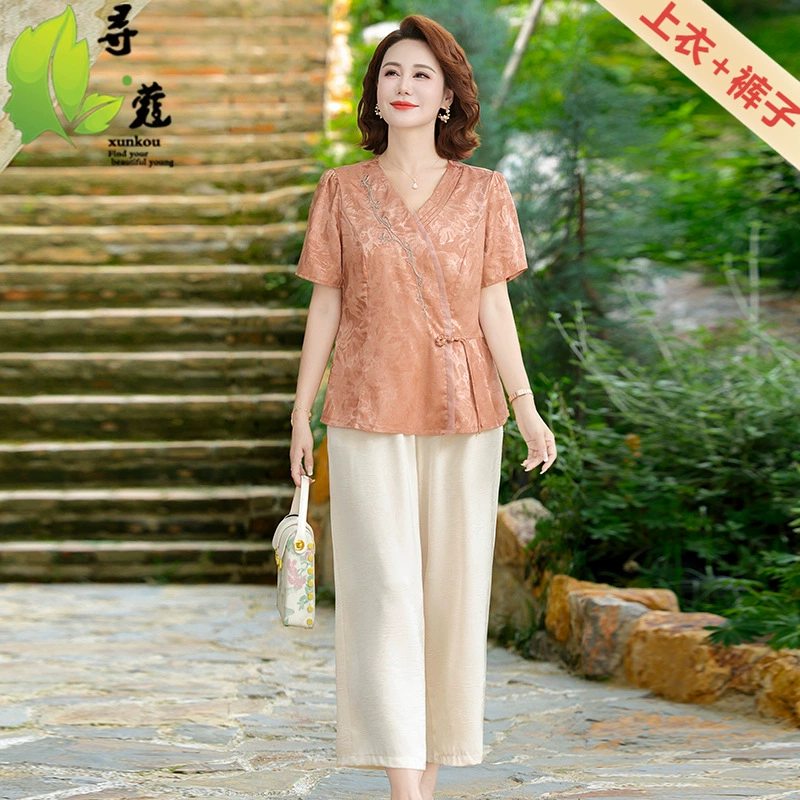 Свободные летние костюмы больших размеров для женщин среднего и пожилого возраста, женская одежда для мам, одежда среднего возраста, женский повседневный комплект из двух предметов с v-образным вырезом
