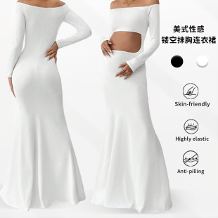 European and American Cross-Border 2025 Photo Studio Photo Shoulder Floor-Length Sexy Slim Fashion Pure Color Long-Sleeved Belly-Revealing Maternity Skirt