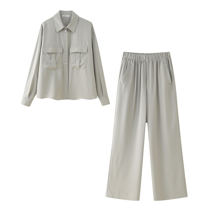 Cross-Border Foreign Trade 2026 Spring and Autumn New Fashion Stylish Roll-Up Sleeve Drapey Shirt + Elastic Long Two-Piece Set Cross-Border Foreign Trade 2026 Spring and Autumn New Fashion Stylish Roll-Up Sleeve Drapey Shirt + Elastic Long Two-Piece Set
