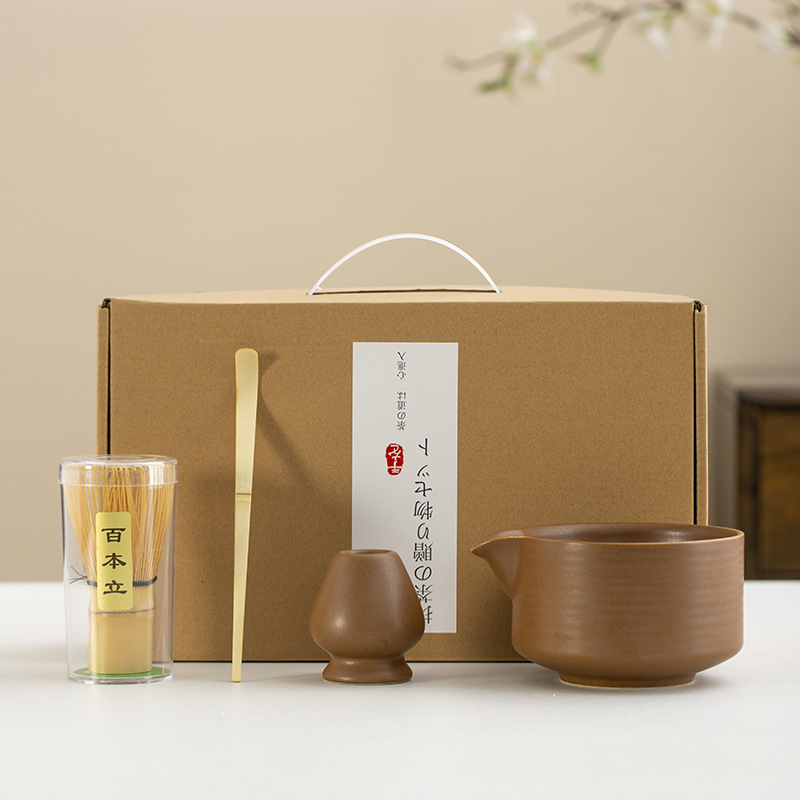 Juego de cuatro piezas de ceremonia del té de matcha, jaula de té de Baiben, tazón de té de pie, juego completo de combinación japonesa, té de punto, accesorios de jaula de té