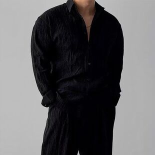 Japanese retro thin set, textured shirt, trousers, loose fit