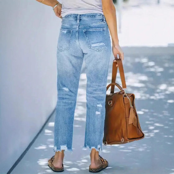 Amazon Europe and the United States cross-border foreign trade hole casual nine straight tube wash water jeans women's new blue pants tide