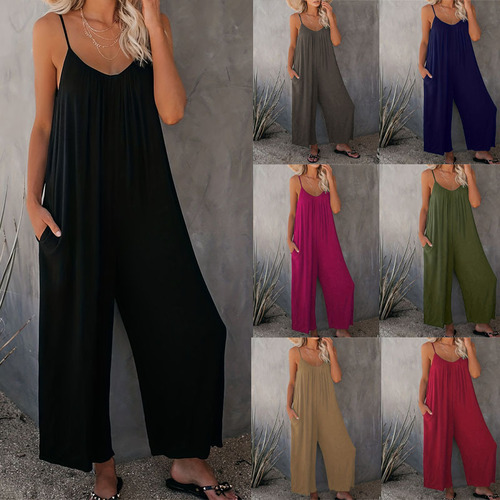Plus-size women's fashion casual stylish pure color spaghetti strap jumpsuit