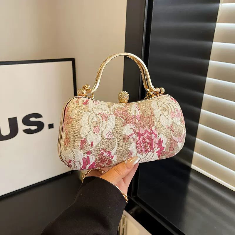 跨境复古手提女包新中式国风款花朵锁扣晚宴包单肩斜挎链条盒子包