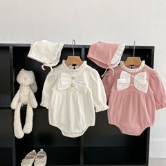 春季新品嬰幼兒甜美蝴蝶結哈衣女寶寶周歲爬爬服長袖帶帽子連體衣