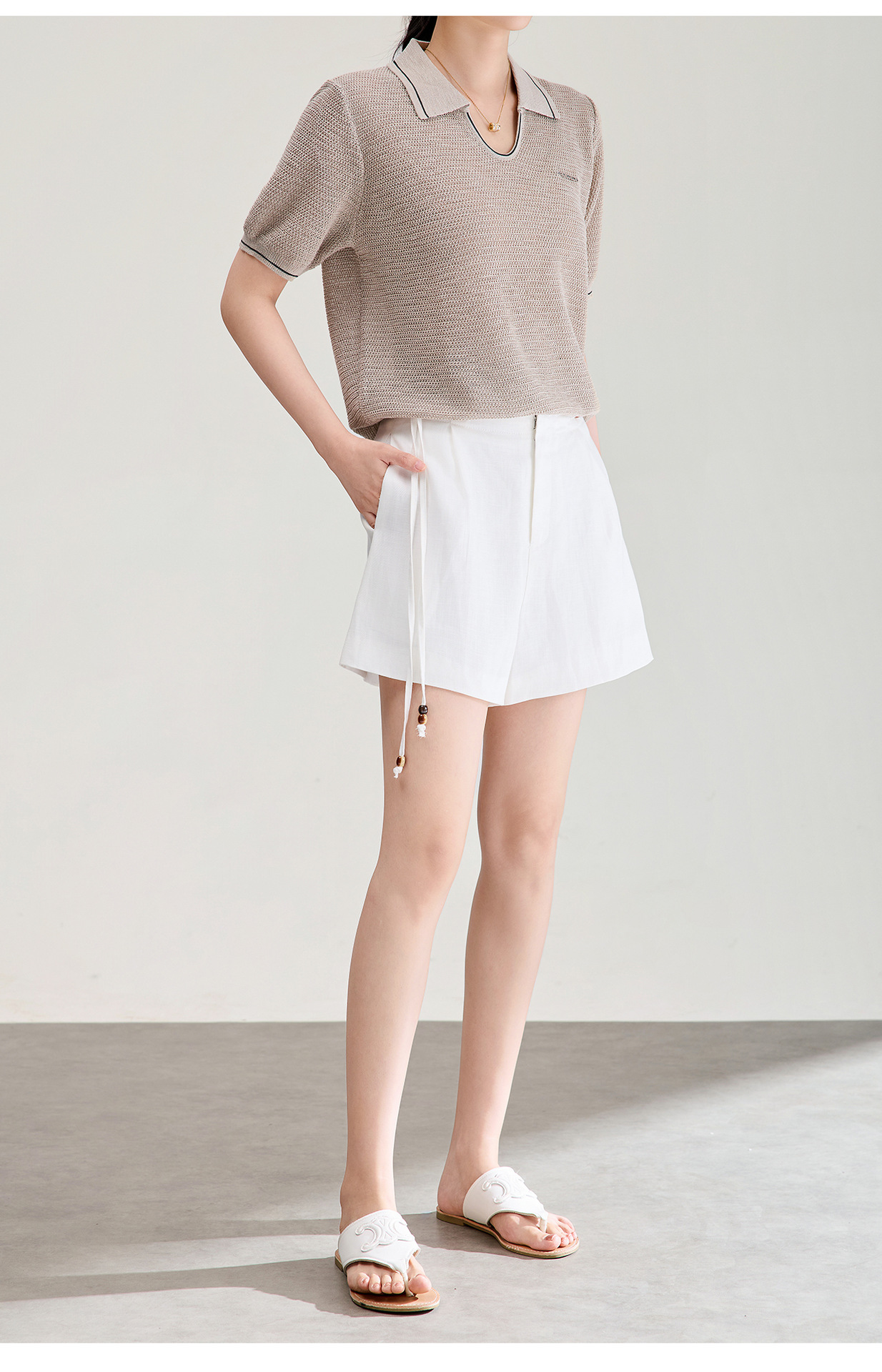 Quần short nữ cạp cao dây buộc phong cách quốc phong rộng thùng thình đính cườm — Xanh lông mòng đen chi tiết 24