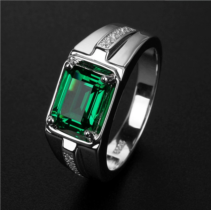 Прямоугольное модное кольцо с камнем emerald, инкрустация камня, турмалин цирконий