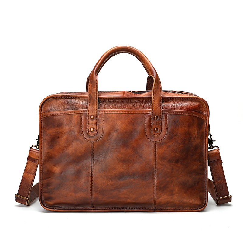European And American Retro Leather Men's Portable Briefcase Vegetable Tanned Leather Handmade Computer Bag Large Capacity Multifunctional Travel Bag