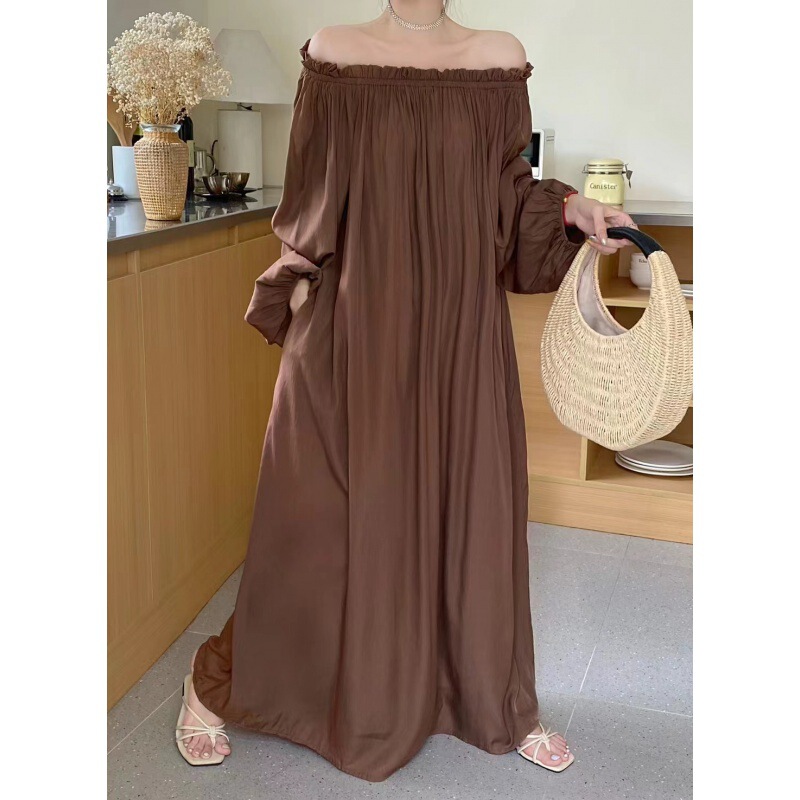 Real Shot of High-Quality In-Stock Items, 2026 Autumn New Style, Korean Style Off-Shoulder Two-Way Wear, Loose Tie-Up Long Dress, Dress