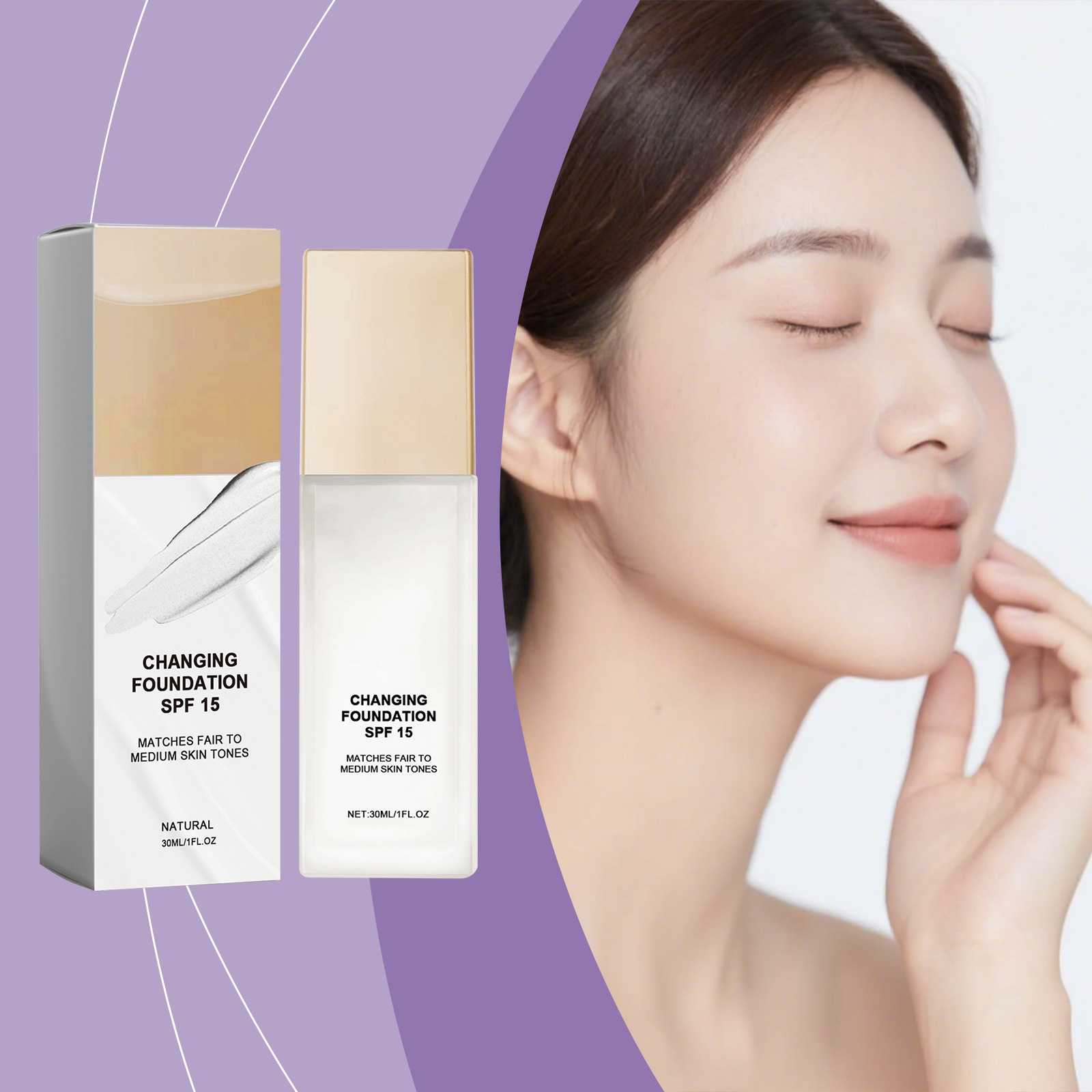 Natural Color-Changing Moisturizing Liquid Foundation for Even Skin Tone, Soft Finish, Long-Lasting, Radiant, Delicate, Clear and Transparent, with Concealing Properties