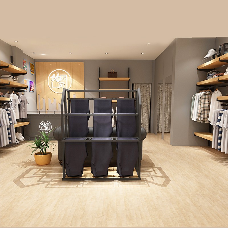 Tienda de celebridades en línea tienda de ropa para hombres estante estilo industrial malla metálica tablero columna tienda de ropa estante de exhibición tipo de piso