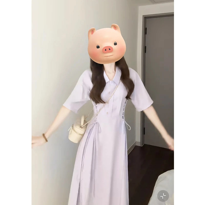 プラスサイズ 2025 夏の新ライトパープルカレッジスタイルドレス女性の通勤多用途西洋スタイルシャツロングスカート妖精|undefined