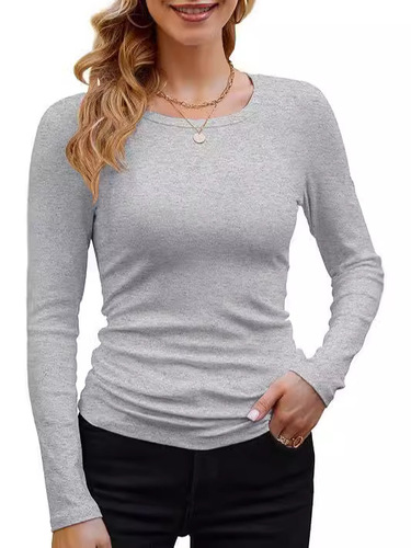 2024 Cross-border Women's Amazon Women's Ribbed Cotton Fabric Basic Round Neck Solid Color Long Sleeve T-shirt Slim Fit