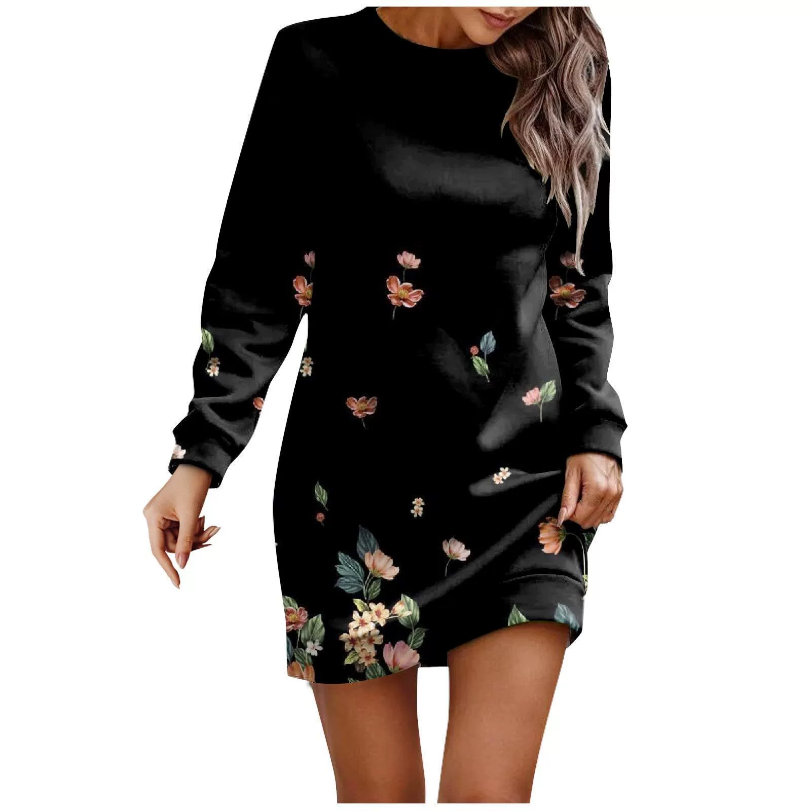 Большой размер минус возраст дамы с круглым воротником свитером простой цветочный узор длинный свободный тонкий рукав ME1