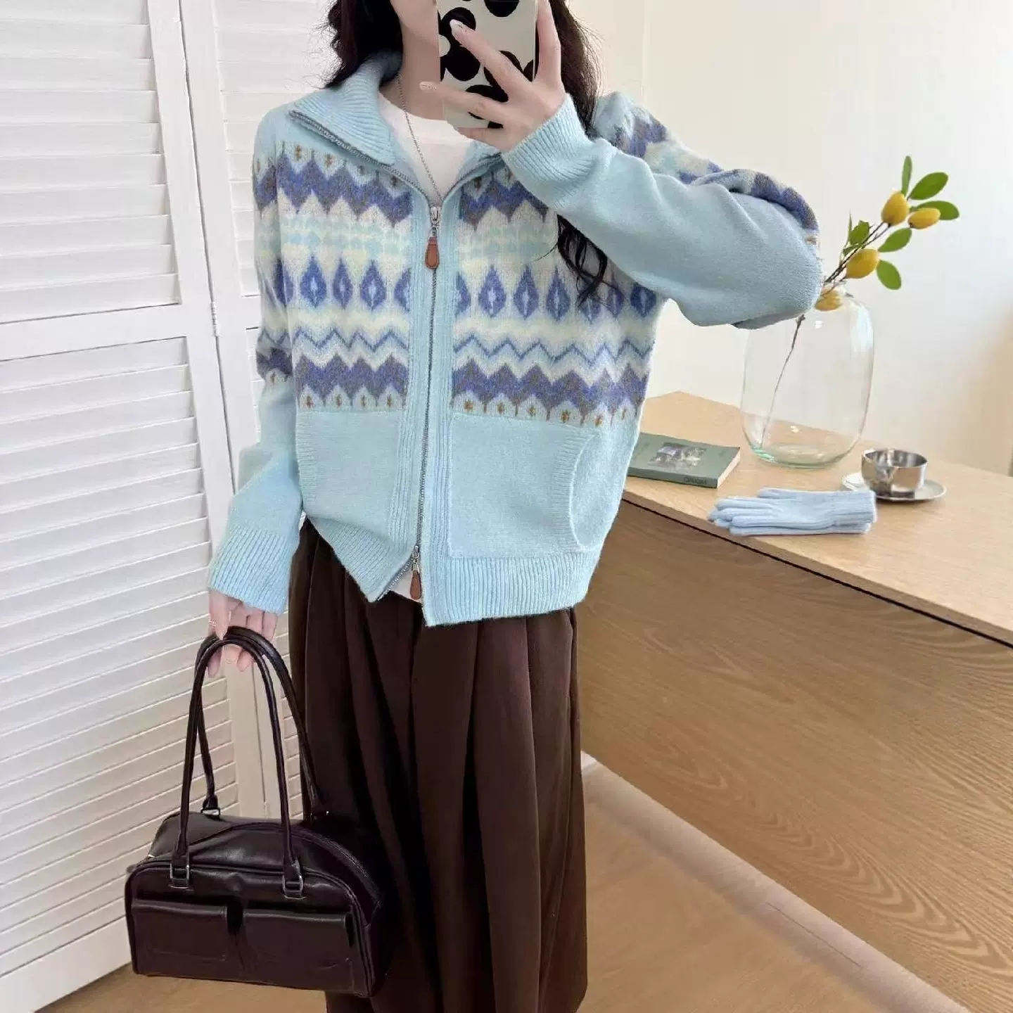 韩系高领复古提花毛衣外套女2025秋冬新款休闲舒适双拉链针织女装