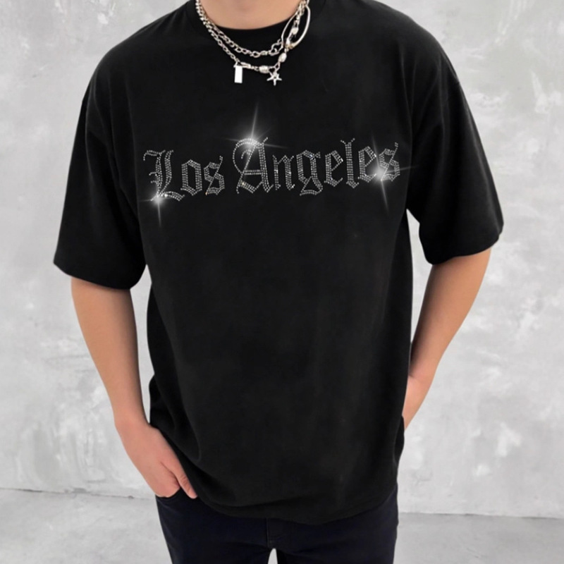 Cross-Border Hot Diamond Gothic Letter T-Shirt Men's Summer Los Angeles Letter Casual Lens Black Short-Sleeved Top Cross-Border Hot Diamond Gothic Letter T-Shirt Men's Summer Los Angeles Letter Casual Lens Black Short-Sleeved Top