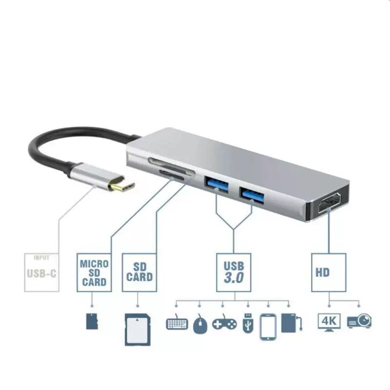 Док-станция 5-в-1 Type-C 3.1 USB3.0/2.0 SD/TF карта, ноутбук, 4K