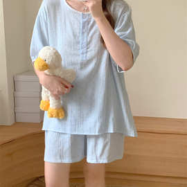 实拍 夏季新款睡衣女韩版宽松简波点短袖休闲家居服