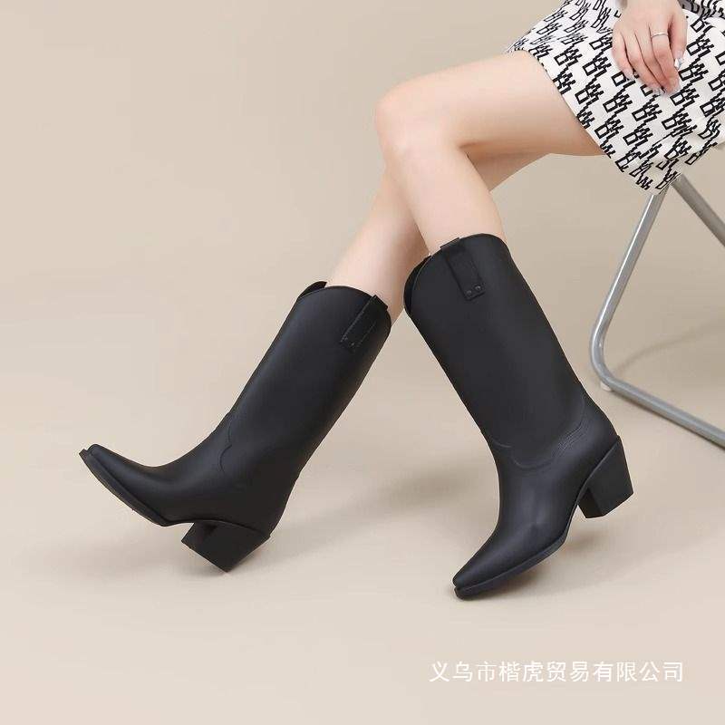 Chanel-Style Long Women's Rain Boots, High-Heeled Rain Shoes, Casual Dual-Use for Rain and Sun, Mid-High Tube Women's Rubber Shoes, Men's
