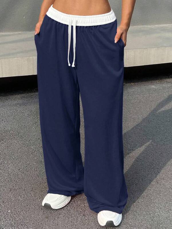 亚马逊跨境新款欧美风女式休闲抽绳低腰运动裤宽松显瘦拼接卫裤|undefined