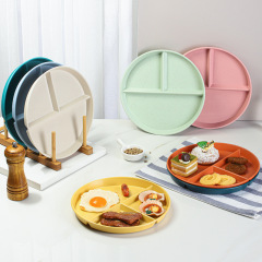 23cm wheat straw student meal plate divided breakfast plate separated breakfast ration plate three-compartment household adult and children's dish plate