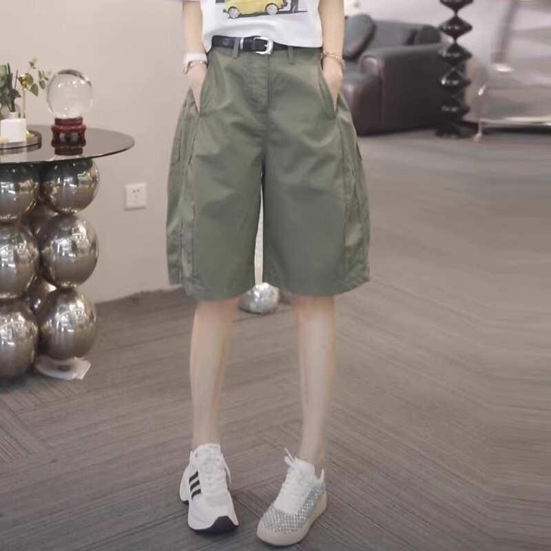 Clearance Sale Retro Light Khaki Cargo Wide-Leg Shorts for Women Summer Straight Shorts