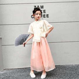 女童国风套装裙子2024夏季新款儿童刺绣蕾丝短袖半身裙裤两件套