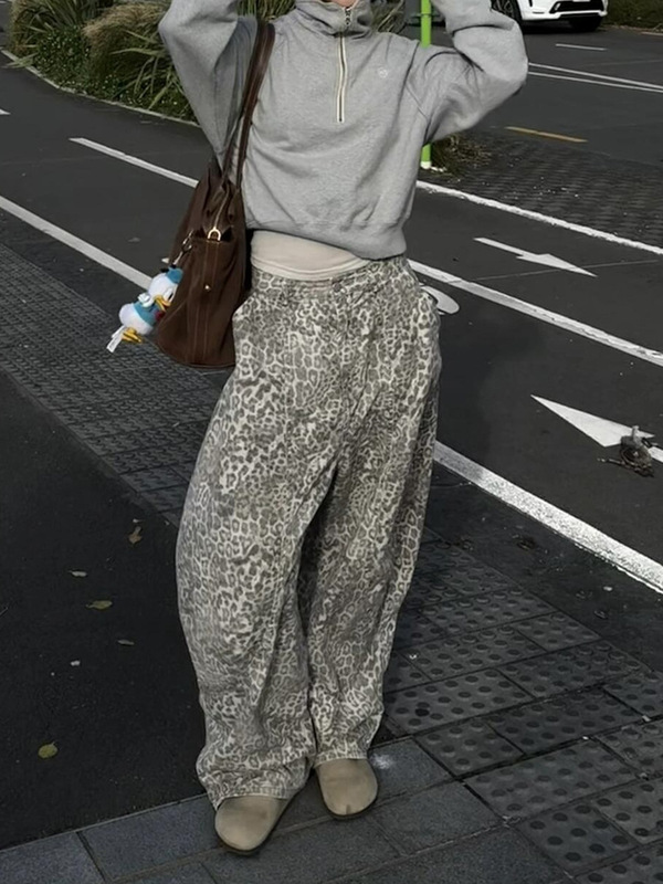 美式复古豹纹弯刀牛仔裤女2025秋季新款街头辣妹廓形宽松拖地长裤|undefined