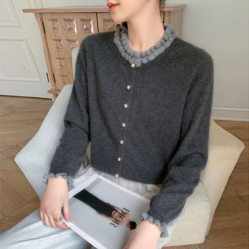 羊绒针织衫木耳花边领珍珠纽扣开衫女外套2025年新款秋冬法式毛衣|undefined