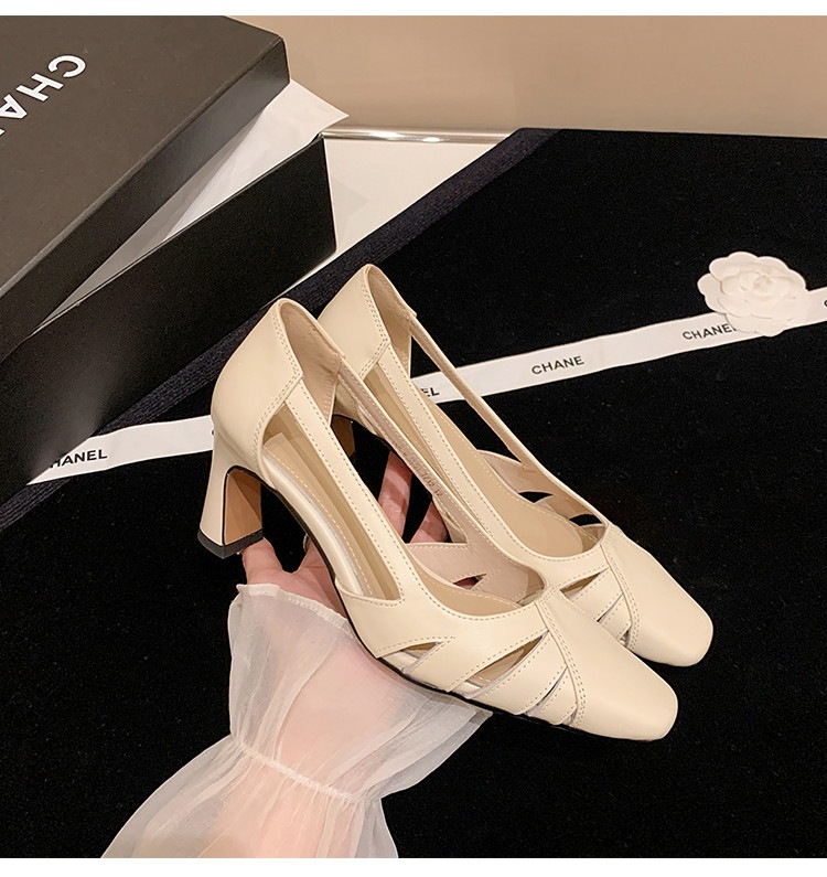 Giày cao gót nữ da thật mũi vuông nhỏ, gót cao 9 cm, phong cách thời trang xuân hè — màu nâu, màu trắng ngà chi tiết 31