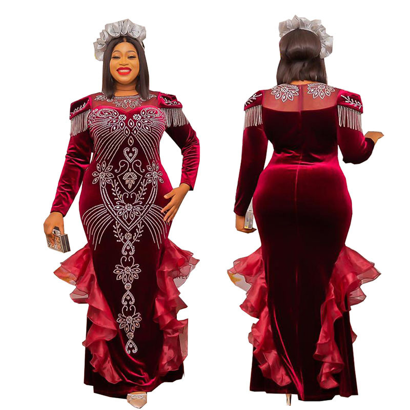 African Cross-border Source 2023 New Luxury Hot Drilling Nail Bead Crewneck Long Sleeve Dress Korean Velvet dress Special Price