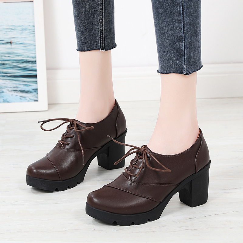 Lace-Up Design Oxford Deep-Cut Versatile Chunky Heel Platform Height-Increasing Shoes British Retro Women's High Heels British Style