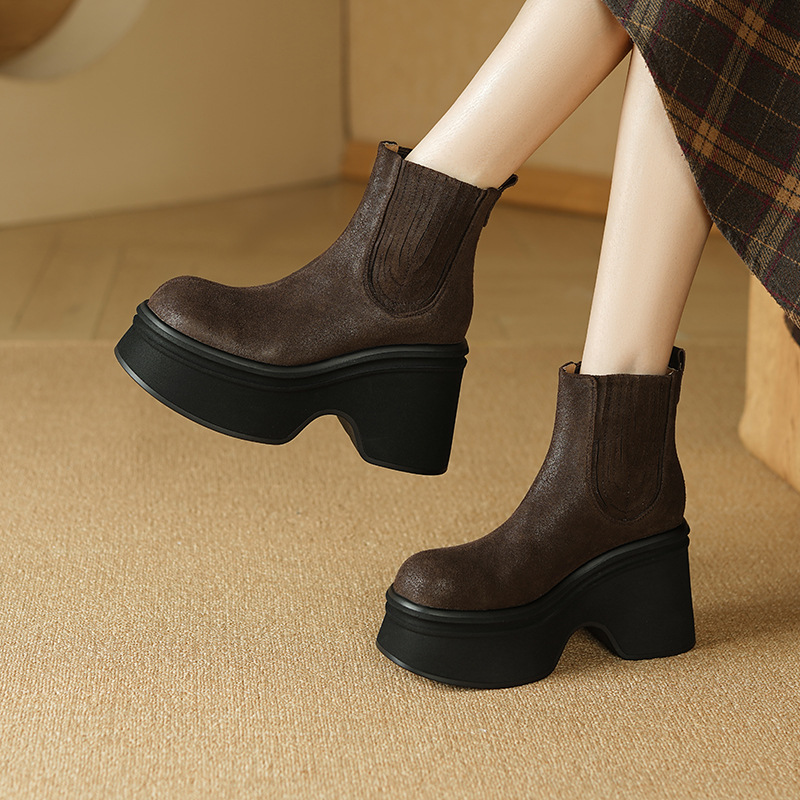 Giày boot Chelsea nữ cổ thun đế dày 10 cm chống nước mùa thu đông — đen, nâu sẫm
