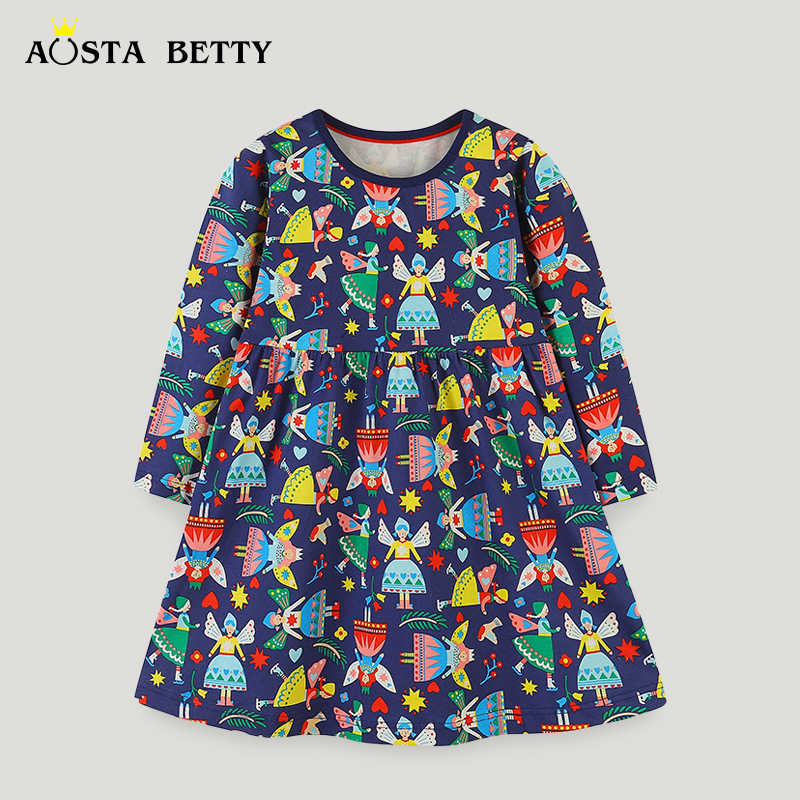 Estilo Europeo hermoso otoño niñas vestido lindo Hada impreso lindo vestido largo cuello redondo manga larga princesa vestido mezclado lote