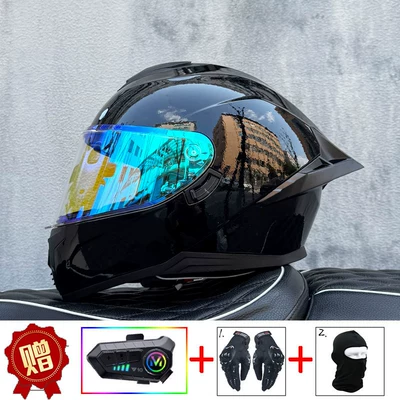 with Dual Lenses, Motorcycle Racing Helmet, Motosiklet kaskı (dəbilqə) - iridescent-black-blue-night-vision-compatible-y10-soft-microphone-includes-clear-lens-s