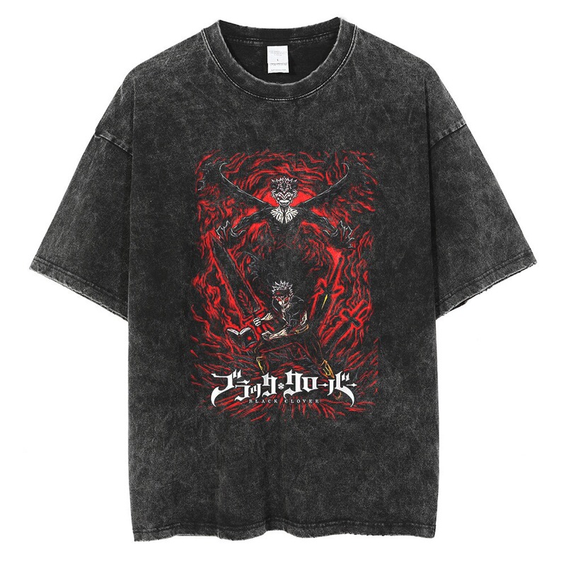 Cross-Border New Style Black Clover Anime Print Trendy Brand Washed Japanese Retro T-Shirt Short-Sleeve Men's Vintage Top